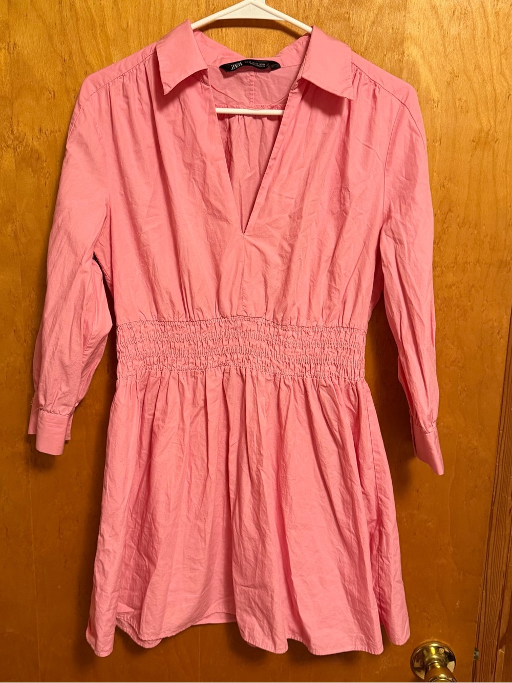 Zara Pink V-Neck Collared Smocked-Waist Dress‎